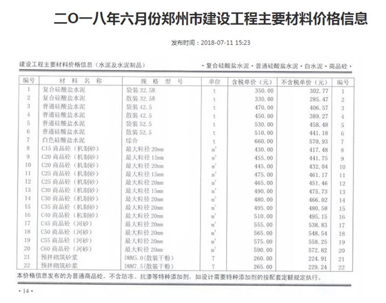 2018年6月郑州混凝土信息价C30混凝土价格